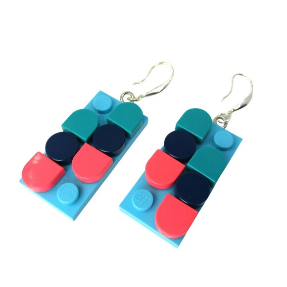Turquoise Lego Brick Designer  Earrings w/ Lego Dots for Interchangeable Fun! - Picture 1 of 2